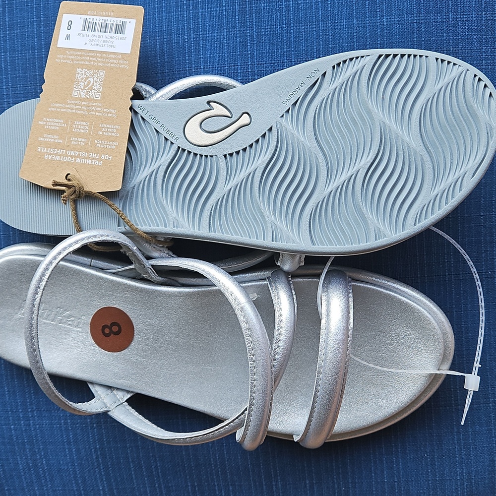 OluKai Tiare Leather Strappy Slingback Sandals, Color: Silver- Size8, EU38